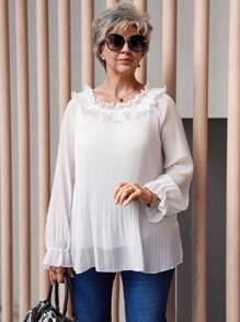 EMERY ROSE Plus Size Women White Mom Splice Ruffle Trim Raglan Sleeve Elegant Blouse,Winter Women Clothes