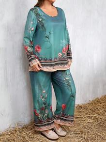 2pcs Plus Size Women Holiday Floral Print Loose Blouse And Wide-Leg Pants Set