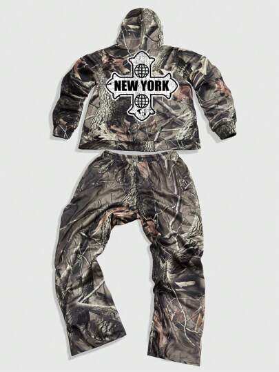 Street Life 2pcs Men's Letter & Branches Printed Hoodie Sweatshirt And Sweatpants Casual Suit, Spring Autumn Tracksuit