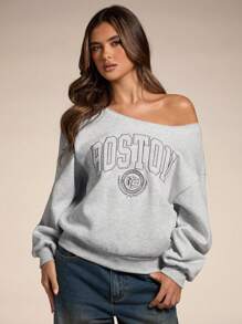 SHEIN BAE Sudadera con cuello asimétrico, bordado con letra, cómoda para uso diario y caminatas al aire libre para mujeres