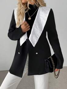 SHEIN Clasi 女式拼色缝线前扣口袋长袖休闲外套 - 黑色 - 查看 3
