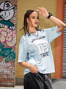 Streetz SHEIN Sport 复古美式学院风数字印花 T 恤 - 藍色 - View 9