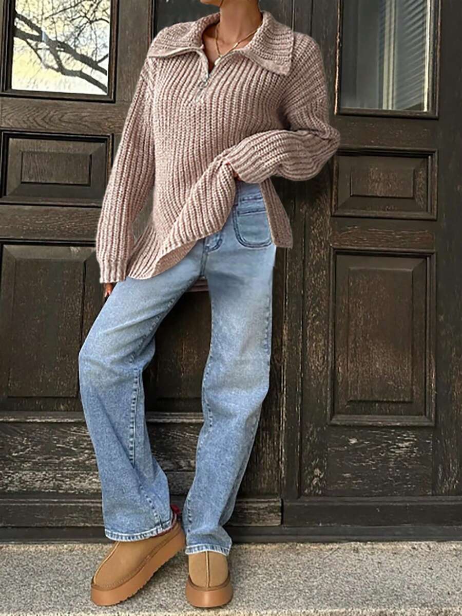 Chiquease New Arrival Women's Zip-Up Long Sleeve Loose Knit Sweater For Fall & Winter Knit Pullover - Khaki - View 1