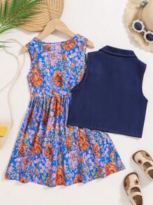 2pcs Young Girls Casual Denim Effect Sleeveless Jacket & Ditsy Floral Dress Set - Multicolor - View 2