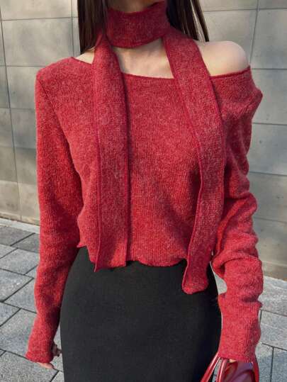 Camiseta roja de manga larga ajustada con cuello asimétrico y bajo con lazo, elegante atuendo para Navidad o Año Nuevo Chino, adecuado para primavera y otoño