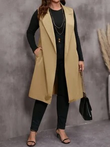 EMERY ROSE Plus Size Women's Solid Color Patch Pocket Casual Loose Blazer Jacket Winter Fall Autumn - Khaki - View 1