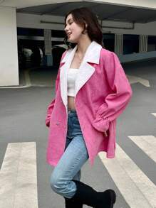 青少年女孩 2024 秋冬新款翻领腰带休闲通勤保暖毛绒夹克 - 玫紅色 - 查看 3