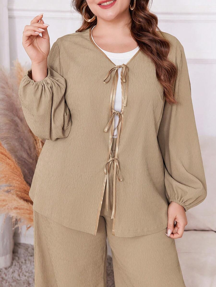 Mulvari 2 件套纯色系带长袖简约上衣和裤子套装，适合大码 2 件套