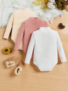 3件套新生女宝宝休闲舒适纯色翻领连体衣，秋冬季时尚套装 - 彩色 - 查看 2