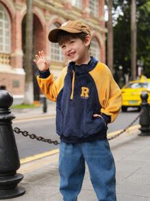 SHEIN 1pc Young Boy Korean Style Casual Sporty Chic Plush Windbreaker Jacket, Stand Collar Half-Zip, Ribbed Cuffs, Contrast Color Applique Letter Embroidery Design, Suitable For Schooling, Outdoor Sports, Streetwear, Autumn/Winter Season