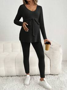 SHEIN 2pcs Maternity Casual Solid Rib-Knit V-Neck Belt Long Sleeve Tee & Adjustable Waist Skinny Pants Set, Pants Set, Spring/Autumn - Black - View 5
