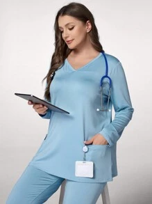 TaskEZ Plus Size Jednolity Kolor Długi Rękaw i Spodnie Jednolity Zestaw Do Scrub - Jasnoniebieski - Zobacz 7