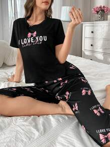 SHEIN Bow Letter Print Short Sleeve Shorts Pajamas Set - Black - View 6