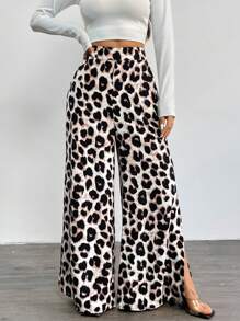 SHEIN LUNE 女士休闲豹纹开衩喇叭裤，2024 年秋冬 - 彩色 - 查看 7