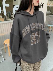 DAZY Sweat-shirt à capuche femme surdimensionné avec imprimé léopard et motif de lettre