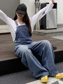 DAZY Women's Solid Color Casual Sleeveless Denim Jumpsuit With Pockets Overalls - Blue - View 3