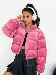 SHEIN Leap Crew Chaqueta de terciopelo retro informal/rosa/para adolescente, adecuada para vacaciones, fiesta, chaqueta acolchada, franela, pana, cremallera de cuarto - Rosa vieja - Ver 6