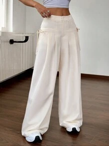 Muchica 春夏深灰色高腰翻盖口袋侧压系带阔腿西装裤 - 米色 - 查看 7