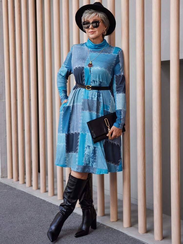 Plus Size Fashion Granny Fall Clothes Curve Thanksgiving Women Outfit Women Autumn High Collar Long Sleeve Patchwork Printed Pocket Casual Dress