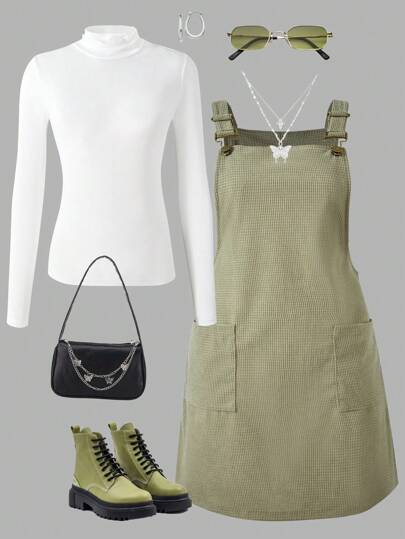 SHEIN Niña adolescente Conjunto de 2 piezas Vestido de peto de pana holgado con bolsillos + camiseta blanca interior