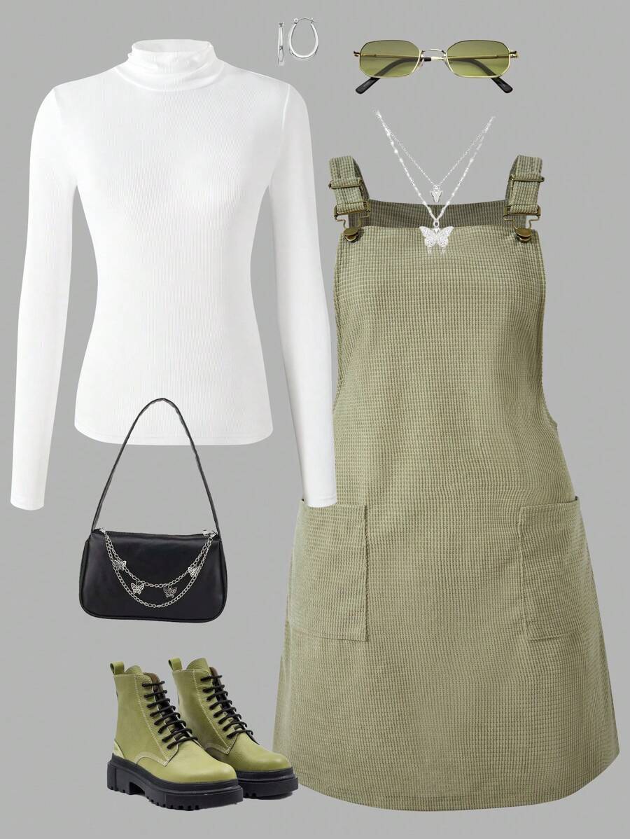 SHEIN 少女 2 件套 宽松灯芯绒背心裙 带口袋 + 白色汗衫 - 彩色 - 查看 1