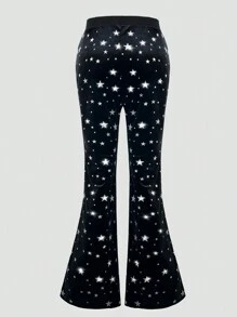 SHEIN Explorewe Teen Girl Silver Star Print Casual Flare Pants For Outings, Autumn - Black - View 2