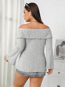 SHEIN EZwear 大码女式罗纹圆领长袖灰色 T 恤 - 灰色 - 查看 2