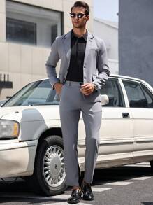 Manfinity Bizformal Men's Solid Color Stand Collar Long Sleeve Jacket & Pants Business Suit Set, Autumn - Grey - View 3