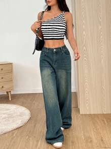 Muchica Damska luźna, bezrękawnikowa, dopasowana, krótka bluzka w paski, lato