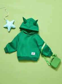 SHEIN Baby Boy Applique Solid Color Hooded Long Sleeve Pullover Sweatshirt - Green - View 5