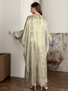 Al Najma 女士优雅羽毛喇叭袖阿拉伯连衣裙朴素长袖长袍，春秋季，派对 A 字形礼服，适合晚会/婚礼嘉宾/周年纪念 - 灰色 - 查看 8