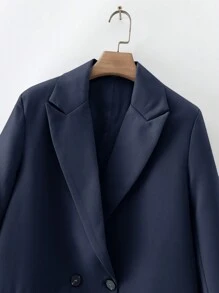 SHEIN Plus Size Women's Autumn Business Style Blue Front Pocket Blazer Jacket, Suitable For Commuting