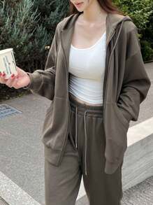 DAZY Bộ đồ thể thao nữ thường ngày in chữ gồm áo hoodie và quần, thích hợp mặc mùa thu, bộ đồ mặc nhà cho nữ. - Màu xám đen - Xem 5