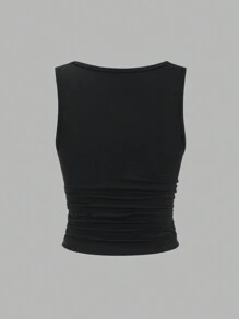 SHEIN Unity 女士休闲褶饰衬垫圆领背心 - 黑色 - 查看 5