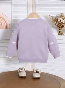 SHEIN Baby Girls' Fashionable Black & White Casual Lovely Soft Minimal Heart Pattern Long Sleeve Knitted Cardigan, Suitable For Home, Daily Wear, Outing, Party, Autumn And Winter - Dusty Purple - View 2