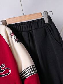 SHEIN 2pcs Tween Boy Streetwear Letter Print Color Blocking Fleece Jacket And Pants Set