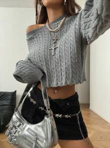 SHEIN EZwear Women's Fall/Winter Casual/Going Out/Basic Cable-Knit Keep Warm Short Grey  Baggy Sweater - Grey - View 4