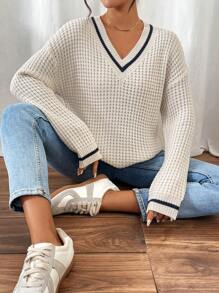 SHEIN Frenchy Suéter holgado de manga larga con cuello en V a rayas para mujer, para el otoño - Albaricoque - Ver 6