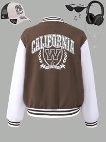 SHEIN Teenage Fashion Patchwork Knit Baseball Bomber Jacket - Coffee Brown - View 2