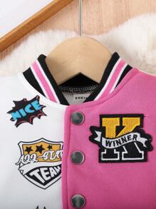 SHEIN 女婴休闲时尚街头棒球夹克和喇叭裤套装，春秋 - 玫紅色 - 查看 4