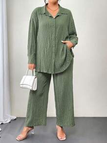 SHEIN LUNE 2 件大码纯色前纽扣长袖上衣和裤子套装