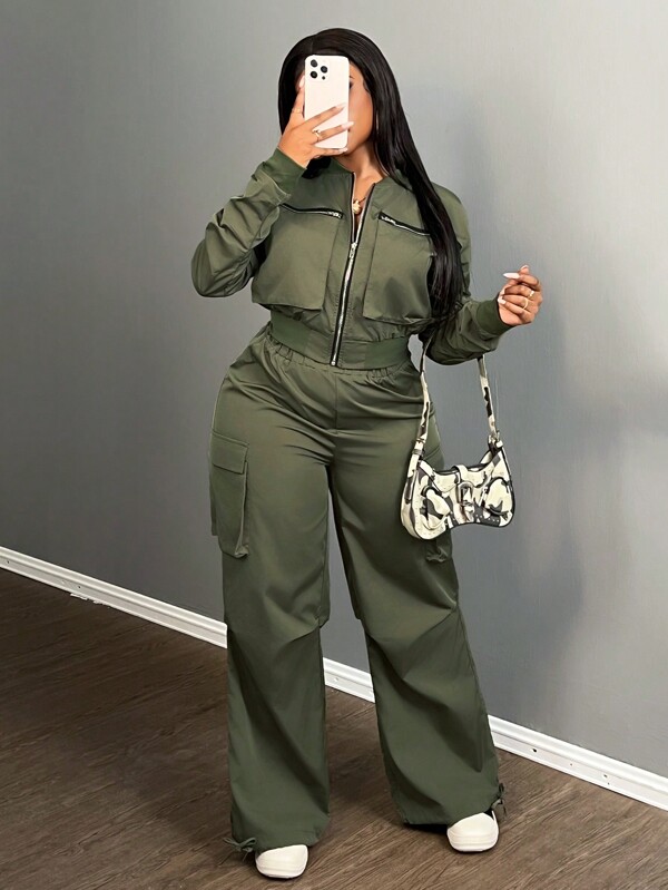 Slaydiva 2pcs Women Solid Color Front Zipper Long Sleeve Casual Blouse And Pants Set