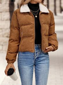 EMERY ROSE Women's Casual Thermal Lined Zip-Up Contrast Fur Collar Padded Coat, Autumn Winter - Khaki - View 3