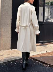 Chiquease Women Casual Commuter Fashion Business V-Neck Ruffle Cuff Long Sleeve Cinched Waist Double Breasted Mid-Length Regular Trench Coat