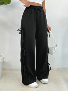 EURMUSE WIDE LEG LACK SWEATPANT WIT RIBBON DETAIL - Black - View 4