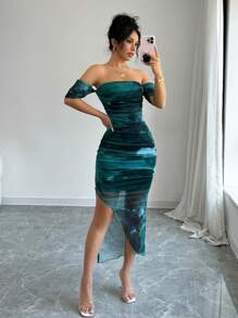 Selianne Women's Elegant Off Shoulder Tie-Dye Slit Fitted Dress, Autumn Maxi Women Outfit - Dark Green - View 3