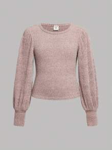 SHEIN Girlism Tween Girls' Casual Ribbed Crew Neck Puff Sleeve Long Sleeve T-Shirt Multi-Piece Set