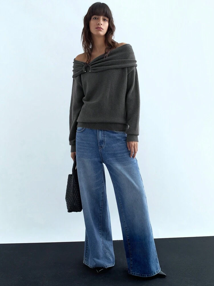 SHEIN Maija Grey Metal Accent Off Shoulder Long Sleeve Loose Casual Sweater, Suitable For St. Patrick's Day, Easter, Chinese New Year, Music Festivals In Fall/Winter,Women's Winter Sweater, Christmas Women's Clothing