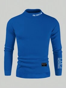 Manfinity Homme Loose Men's Letter Print Stand Collar Sweatshirt, Men Turtleneck Sweater, Blue Turtleneck Sweater, Men Mock Neck Sweater, Men Sweater - Blue - View 1