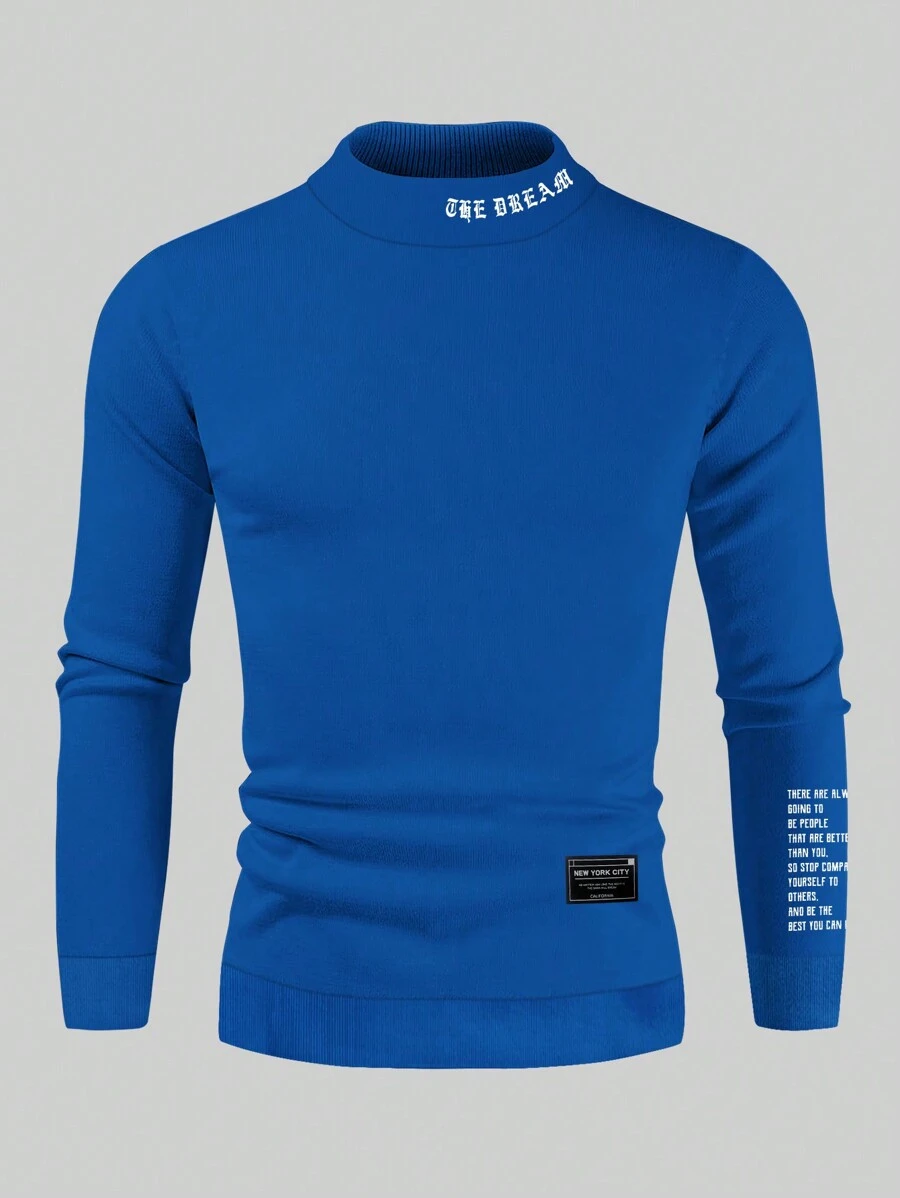 Manfinity Homme Loose Men's Letter Print Stand Collar Sweatshirt, Men Turtleneck Sweater, Blue Turtleneck Sweater, Men Mock Neck Sweater, Men Sweater - Blue - View 1